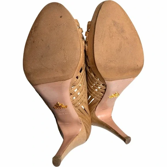 Vintage Prada Woven Leather Peep Toe Heels Size 40.5 - Picture 7 of 14